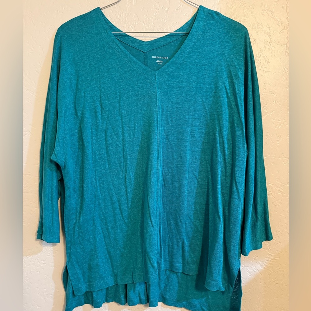 Eileen Fisher Women’s XL Blue 100% Linen V Neck Lagenlook Coastal Tunic Top